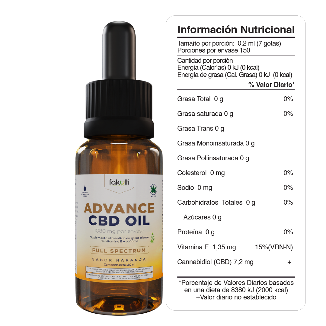 Advance CBD oil 1080 mg, gotero de 30 mL.