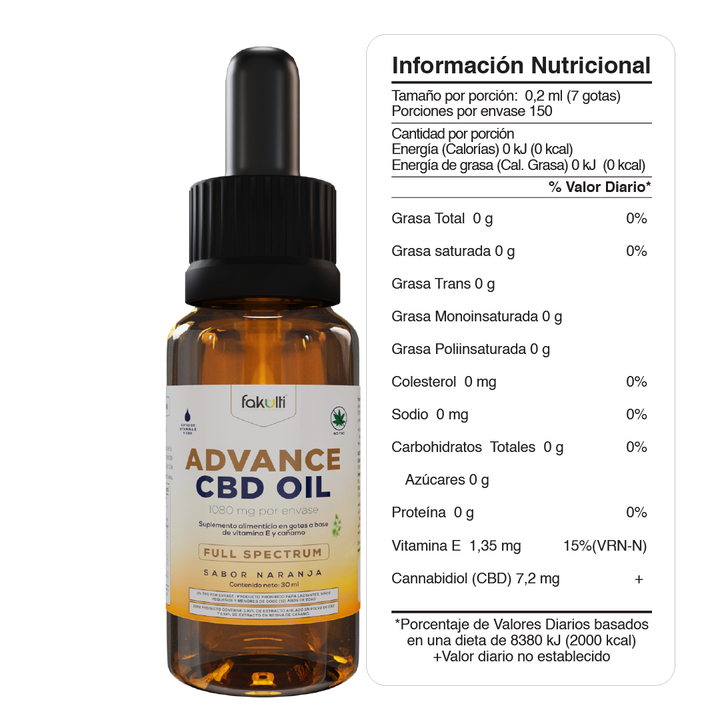 Advance CBD oil 1080 mg, gotero de 30 mL.